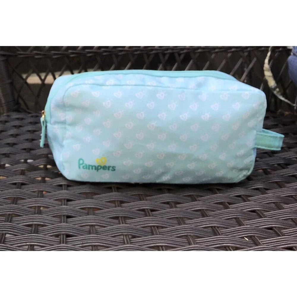 New Pampers Zipper Travel Pouch Teal Holds Diapers Wipes Zip Up Small Bag Hearts